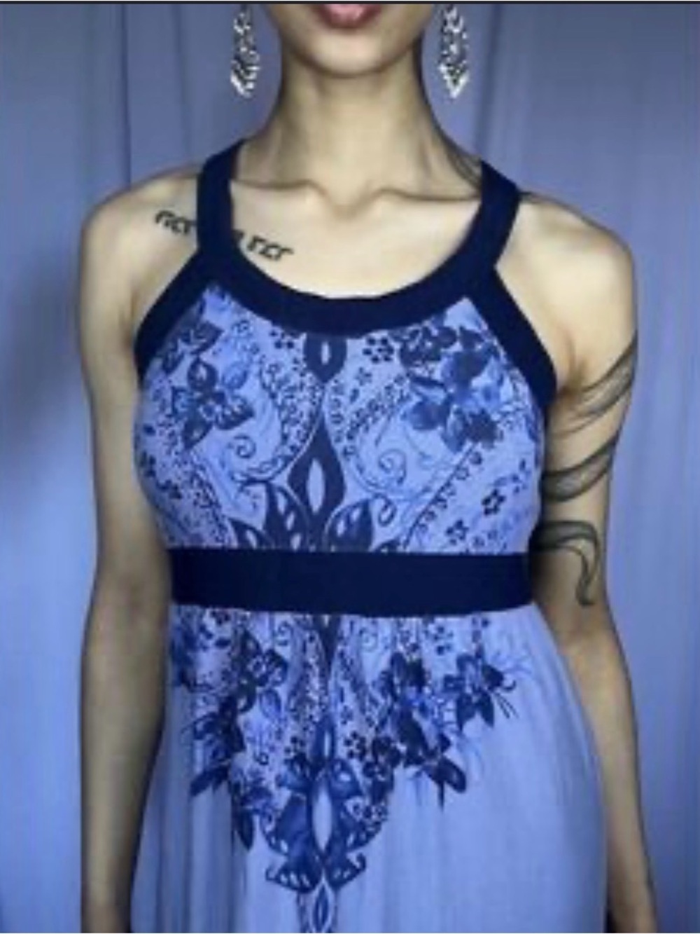 Athleta No Sweat Sleeveless Blue Patterned Maxi Dress with Navy Trim women large